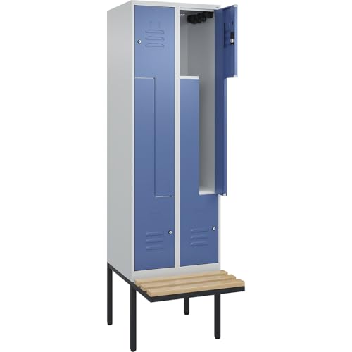 C + P Möbelsysteme C+P | Z-Spind Classic Plus Sitzbank | 2 Abteile | lichtgrau/fernblau | B 600 mm | Zylinderschloss | auskragend | Buche-Hartholz von C + P Möbelsysteme
