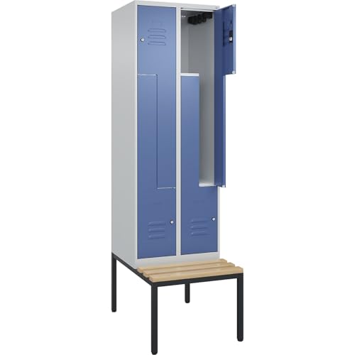 C + P Möbelsysteme C+P | Z-Spind Classic Plus Sitzbank | 2 Abteile | lichtgrau/fernblau | B 600 mm | Zylinderschloss | untergebaut | Buche-Hartholz von C + P Möbelsysteme