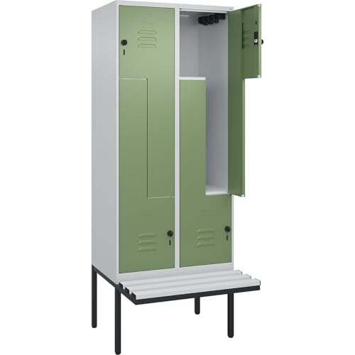 C + P Möbelsysteme C+P | Z-Spind Classic Plus Sitzbank | 2 Abteile | lichtgrau/resedagrün | B 800 mm | Sicherheits-Drehriegel | auskragend | Kunststoff von C + P Möbelsysteme