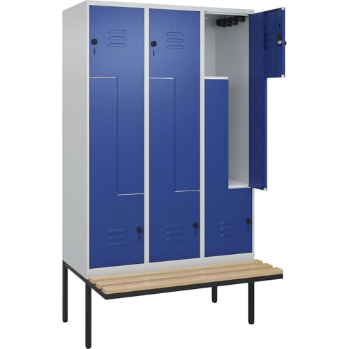 C + P Möbelsysteme C+P | Z-Spind Classic Plus Sitzbank | 3 Abteile | lichtgrau/enzianblau | B 1200 mm | Sicherheits-Drehriegel | auskragend | Buche-Hartholz von C + P Möbelsysteme