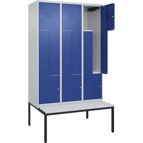 C + P Möbelsysteme C+P | Z-Spind Classic Plus Sitzbank | 3 Abteile | lichtgrau/enzianblau | B 1200 mm | Zylinderschloss | untergebaut | Kunststoff von C + P Möbelsysteme