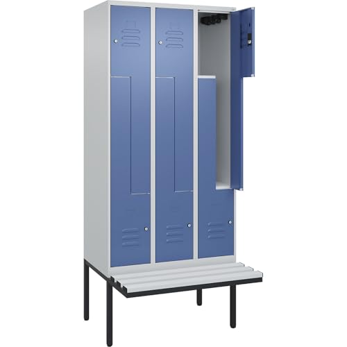C + P Möbelsysteme C+P | Z-Spind Classic Plus Sitzbank | 3 Abteile | lichtgrau/fernblau | B 900 mm | Zylinderschloss | auskragend | Kunststoff von C + P Möbelsysteme