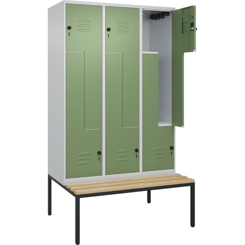 C + P Möbelsysteme C+P | Z-Spind Classic Plus Sitzbank | 3 Abteile | lichtgrau/resedagrün | B 1200 mm | Sicherheits-Drehriegel | untergebaut | Buche-Hartholz von C + P Möbelsysteme