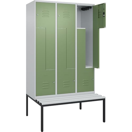 C + P Möbelsysteme C+P | Z-Spind Classic Plus Sitzbank | 3 Abteile | lichtgrau/resedagrün | B 1200 mm | Zylinderschloss | untergebaut | Kunststoff von C + P Möbelsysteme