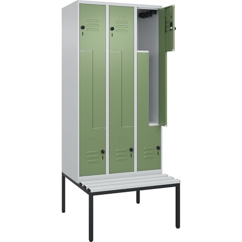 C + P Möbelsysteme C+P | Z-Spind Classic Plus Sitzbank | 3 Abteile | lichtgrau/resedagrün | B 900 mm | Sicherheits-Drehriegel | untergebaut | Kunststoff von C + P Möbelsysteme