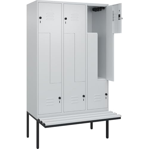 C + P Möbelsysteme C+P | Z-Spind Classic Plus Sitzbank | 3 Abteile | lichtgrau | B 1200 mm | Sicherheits-Drehriegel | auskragend | Kunststoff von C + P Möbelsysteme