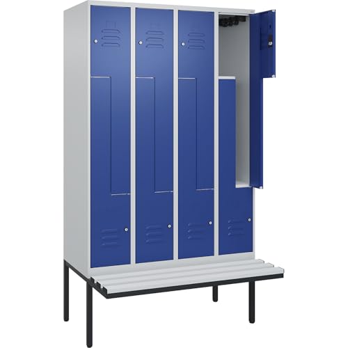 C + P Möbelsysteme C+P | Z-Spind Classic Plus Sitzbank | 4 Abteile | lichtgrau/enzianblau | B 1200 mm | Zylinderschloss | auskragend | Kunststoff von C + P Möbelsysteme