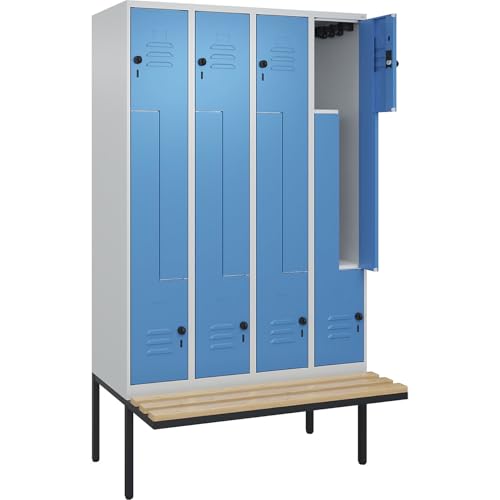 C + P Möbelsysteme C+P | Z-Spind Classic Plus Sitzbank | 4 Abteile | lichtgrau/lichtblau | B 1200 mm | Sicherheits-Drehriegel | auskragend | Buche-Hartholz von C + P Möbelsysteme