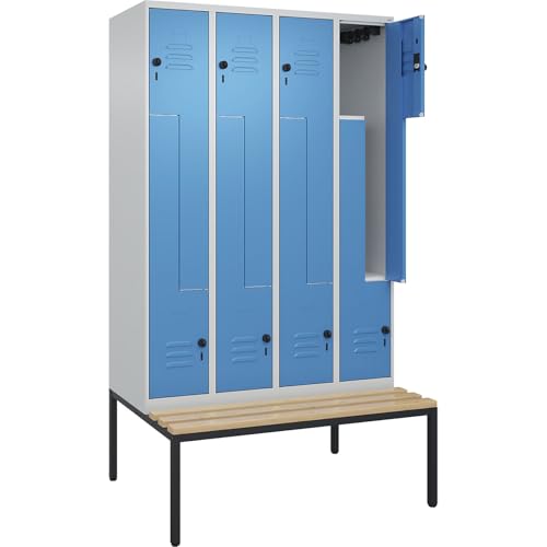C + P Möbelsysteme C+P | Z-Spind Classic Plus Sitzbank | 4 Abteile | lichtgrau/lichtblau | B 1200 mm | Sicherheits-Drehriegel | untergebaut | Buche-Hartholz von C + P Möbelsysteme