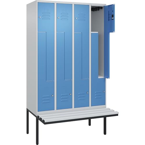 C + P Möbelsysteme C+P | Z-Spind Classic Plus Sitzbank | 4 Abteile | lichtgrau/lichtblau | B 1200 mm | Zylinderschloss | auskragend | Kunststoff von C + P Möbelsysteme