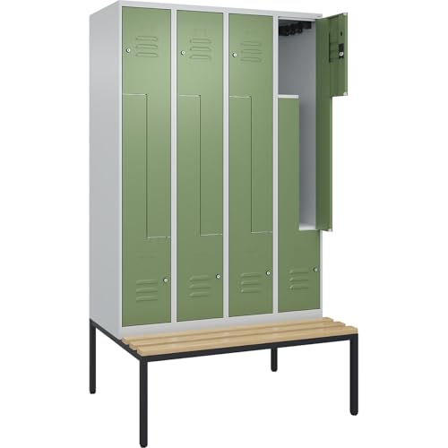 C + P Möbelsysteme C+P | Z-Spind Classic Plus Sitzbank | 4 Abteile | lichtgrau/resedagrün | B 1200 mm | Zylinderschloss | untergebaut | Buche-Hartholz von C + P Möbelsysteme