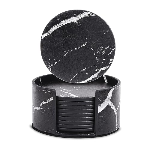 Castagnola Kunstleder Design Untersetzer mit Halter | Untersetzer für Gläser | Untersetzer Set | Trinkuntersetzer | Kunstleder | Lederuntersetzer | 10er Set (Schwarz/Weiß) - 10 STK) von C CASTAGNOLA