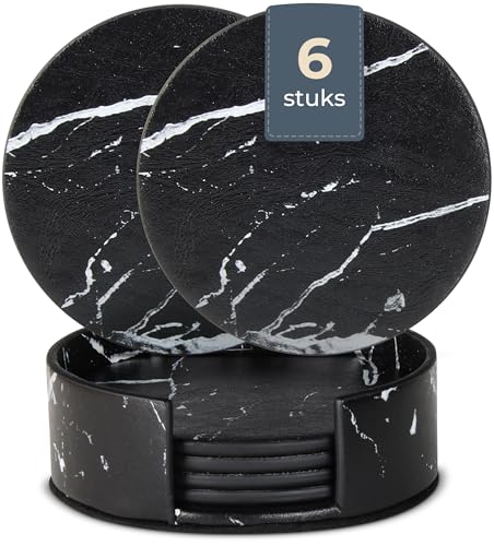 Castagnola PU Leder Design Untersetzer mit Halter | Set mit 6 Untersetzern | Untersetzer für Gläser | Untersetzer Set | Getränkeuntersetzer | Lederuntersetzer (Schwarz/Weiß) - 6er Set von C CASTAGNOLA