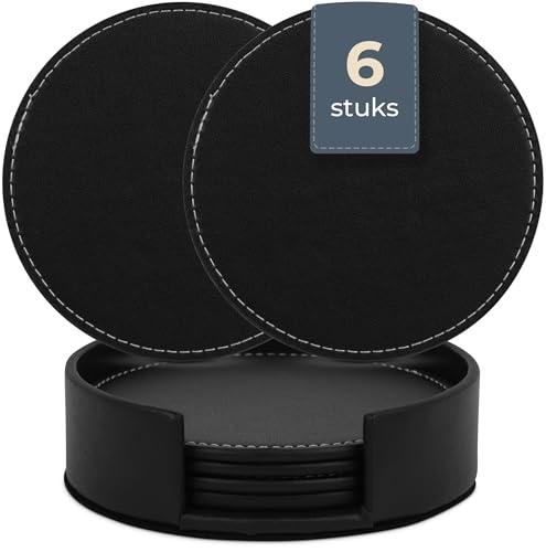 Castagnola PU Leder Design Untersetzer mit Halter | Set mit 6 Untersetzern | Untersetzer für Gläser | Untersetzer Set | Getränkeuntersetzer | Lederuntersetzer (Schwarz mit Steppung) - 6er Set von C CASTAGNOLA