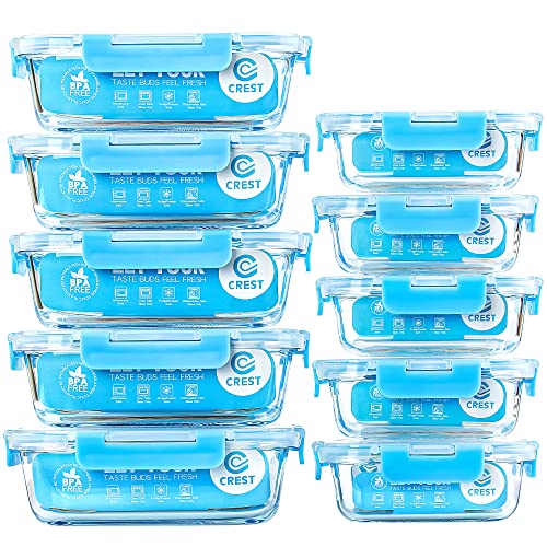C CREST 10er-Set Glas-Frischhaltedosen, luftdicht, BPA-Frei, Geeignet für Mikrowelle, Gefrierschrank und Spülmaschine von C CREST