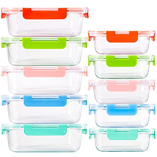 C CREST 10er-Set Glas-Frischhaltedosen [fünf Farben pro Set] luftdicht, BPA-Frei, Vorratsdosen, Vesperbox Set, Geeignet für Mikrowelle, Gefrierschrank und Spülmaschine von C CREST
