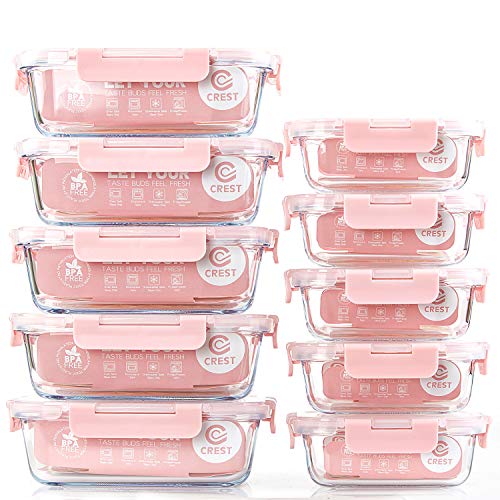 Vorratsbehälter mit Deckel [10 Teile] Glas-Frischhaltedosen, BPA-Frei, Clip & Close, Geeignet für Mikrowelle, Gefrierschrank und Spülmaschine von C CREST