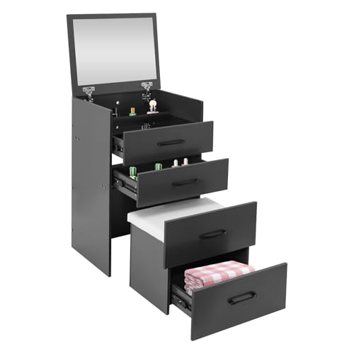 C-Juzarl 3 in 1 Schminktisch mit Hocker, Frisiertisch mit Spiegel, sichtbarer Glasplatte, 3 Schubladen, Kleines Kosmetiktisch-Set fürs Schlafzimmer (Dunkelgrau) von C-Juzarl