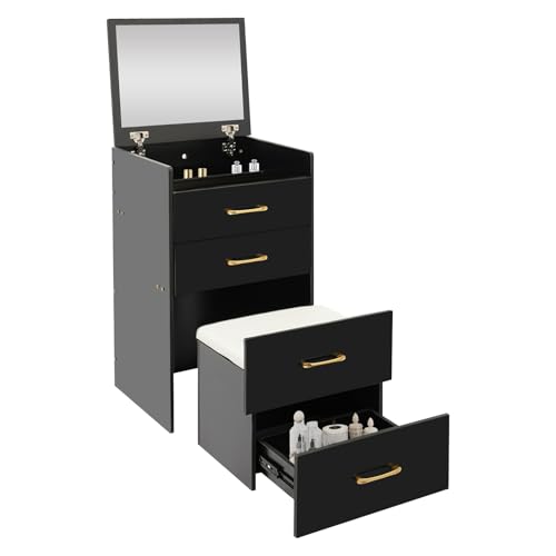 C-Juzarl 3 in 1 Schminktisch mit Hocker, Frisiertisch mit Spiegel, sichtbarer Glasplatte, 3 Schubladen, Kleines Kosmetiktisch-Set fürs Schlafzimmer (Schwarz) von C-Juzarl
