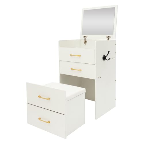 C-Juzarl 3 in 1 Schminktisch mit Hocker, Frisiertisch mit Spiegel, sichtbarer Glasplatte, 3 Schubladen, Kleines Kosmetiktisch-Set fürs Schlafzimmer (Weiß) von C-Juzarl