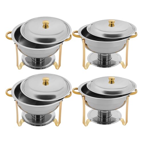 C-Juzarl 4 Stück 4.5 L Chafing Dish Set Buffet Speisenwärmer, Runder Catering-Wärmespender mit Deckel, Gastro Behälter Set für Catering, Buffet und Party (Silber+Gold) von C-Juzarl