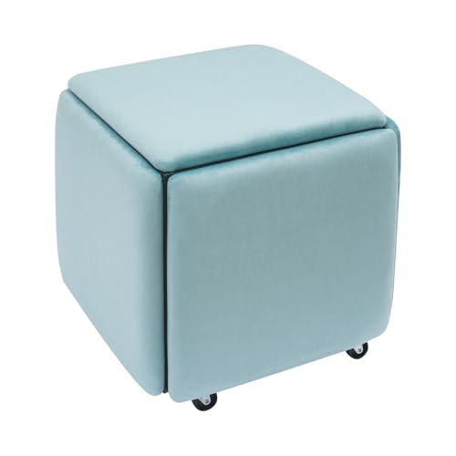 C-Juzarl 5 in 1 Sofahocker mit Samt, Sitzhocker-Set mit Rollen, Stapelbarer Fußhocker und Ankleidestuhl für Wohn- oder Esszimmer, Beweglich Sitzwürfel (Blau) von C-Juzarl