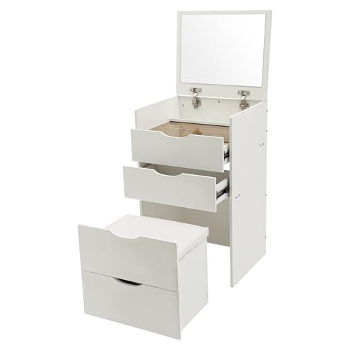 C-Juzarl Eckschminktisch mit Spiegel, Schminktisch Ecke mit Hocker, Schminktische mit Schubladen, Kosmetiktisch fürs Schlafzimmer, Wohnung, kleines Zimmer (Weiß) von C-Juzarl