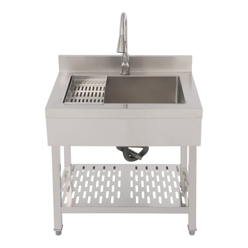 C-Juzarl Freistehende Edelstahl Spültisch Gastro Gewerbliche Spülbecken mit Wasserhahn, Ablassvorrichtung, Waschbecken Freistehend, Küchenspüle für Restaurant, Cafe (Silber) von C-Juzarl