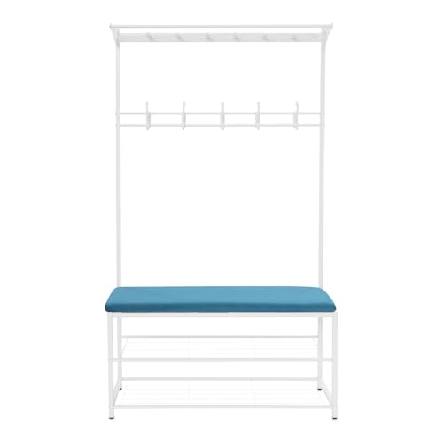 C-Juzarl Garderobenständer mit Sitzbank, 100x33x170 cm, 2 Schuhregale, Kleiderstange mit 6 Kleiderhaken, Kleiderständer für Flur und Eingangsbereich (Weiß+Blau) von C-Juzarl