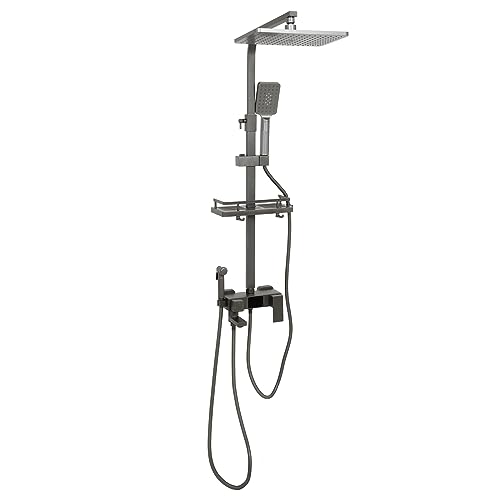 Duschsystem, 29 X 19 CM Kopfbrause, Vielseitig Duschset 73-116 cm verstellbare Duschstange, Duschsäule LED-Display, Duscharmatur mit 3 Funktion Handbrause und Armatur, Ablage (Schwarz grau) von C-Juzarl