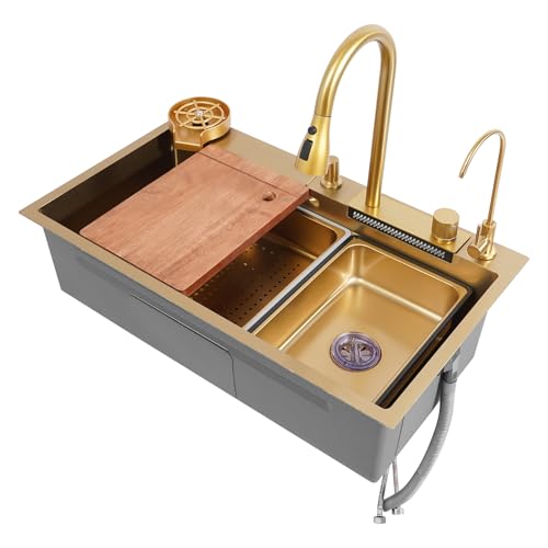 Edelstahl Spülbecken, 80×46cm Spüle Küche Single-Bowl Wasserfall Küchenspüle Multifunktionale Spüle Mit Pull-Down Wasserhahn Und Komplettes Zubehör Set (Gold) von C-Juzarl