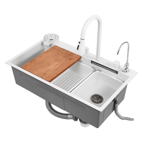 Edelstahl Spülbecken, 80×46cm Spüle Küche Single-Bowl Wasserfall Küchenspüle Multifunktionale Spüle Mit Pull-Down Wasserhahn Und Komplettes Zubehör Set (Weiß) von C-Juzarl