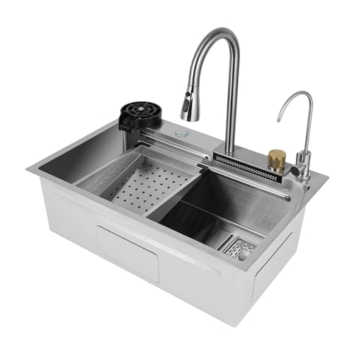 Küchenspüle Wasserfall Bar Spüle,304 Spülbecken Edelstahl Spüle, Raindance Wasserfall Einbauspüle Einschalen-Küchenspüle mit Wasserhahn (Silber, 75×45×21cm) von C-Juzarl