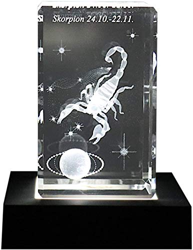 3D Sternzeichen mit Skorpion Hologramm Kristallglasquader Kerzenhalter 50x50x100mm auf Sockel Wunschgravur Name von C-Kom