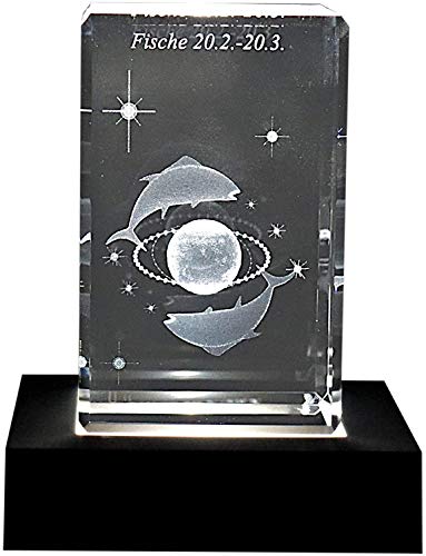 C-Kom 3D Sternzeichen mit Fische Hologramm Kristallglasquader Kerzenhalter 50x50x100mm auf Sockel Wunschgravur Name von C-Kom