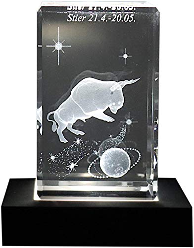 C-Kom 3D Sternzeichen mit Stier Hologramm Kristallglasquader Kerzenhalter 50x50x100mm auf Sockel Wunschgravur Name von C-Kom