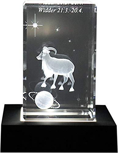 C-Kom 3D Sternzeichen mit Widder Hologramm Kristallglasquader Kerzenhalter 50x50x100mm auf Sockel Wunschgravur Name von C-Kom