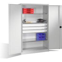 C+P Schwerlastschrank mit Drehtüren, 3 Böden und 3 Schübe, H1950xB1200xT500mm Front Lichtgrau Korpus Lichtgrau von C + P Möbelsysteme