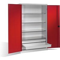 C+P Schwerlastschrank mit Drehtüren, 4 Böden und 3 Schübe, H1950xB1200xT500mm Front Rubinrot Korpus Lichtgrau von C + P Möbelsysteme