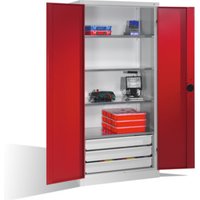 C+P Schwerlastschrank mit Drehtüren, 4 Böden und 3 Schübe, H1950xB930xT500mm Front Rubinrot Korpus Lichtgrau von C + P Möbelsysteme