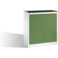 C+P Werkzeug-Beistellschrank mit Drehtüren, 2 Böden und Schublade, H1020xB940xT500mm Front Resedagrün Korpus Lichtgrau von C + P Möbelsysteme