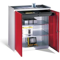 C+P Werkzeug-Beistellschrank mit Drehtüren, 2 Böden und Schublade, H1020xB940xT500mm Front Rubinrot Korpus Lichtgrau von C + P Möbelsysteme