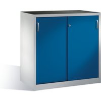 C+P Werkzeug-Beistellschrank mit Schiebetüren, innen 2 Böden, H1200xB1200xT600mm Front Enzianblau Korpus Lichtgrau von C + P Möbelsysteme