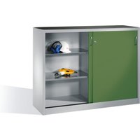 C+P Werkzeug-Beistellschrank mit Schiebetüren, innen 2 x 2 Böden, H1200xB1600xT400mm Front Resedagrün Korpus Lichtgrau von C + P Möbelsysteme