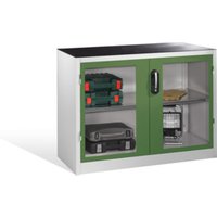 C+P Werkzeug-Beistellschrank mit Sichtfenster-Drehtüren, 1 Boden, H1000xB1200xT500mm Front Resedagrün Korpus Lichtgrau von C + P Möbelsysteme