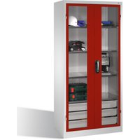 C+P Werkzeugschrank, Sichtfenster-Drehtüren, 4 Böden, 3 Schübe, H1950xB930xT500mm Front Rubinrot Korpus Lichtgrau von C + P Möbelsysteme