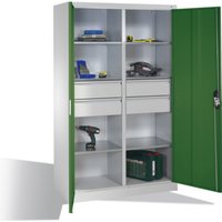 C+P Werkzeugschrank mit Drehtüren, 6 Böden, 4 Schübe, H1950xB1200xT500mm Front Resedagrün Korpus Lichtgrau von C + P Möbelsysteme