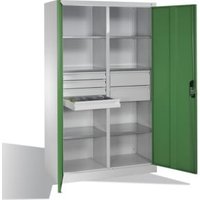 C+P Werkzeugschrank mit Drehtüren, 6 Böden, 6 Schübe, H1950xB1200xT500mm, Lichtgrau/Resedagrün von C + P Möbelsysteme