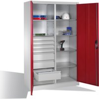 C+P Werkzeugschrank mit Drehtüren, 6 Böden, 8 Schübe, H1950xB1200xT500mm, Lichtgrau/Rubinrot von C + P Möbelsysteme