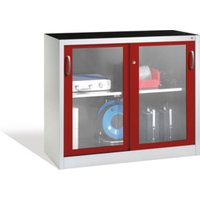 C+P Werkzeugschrank mit Sichtfenster-Schiebetüren, 1 Boden, H1000xB1200xT500mm Front Rubinrot Korpus Lichtgrau von C + P Möbelsysteme